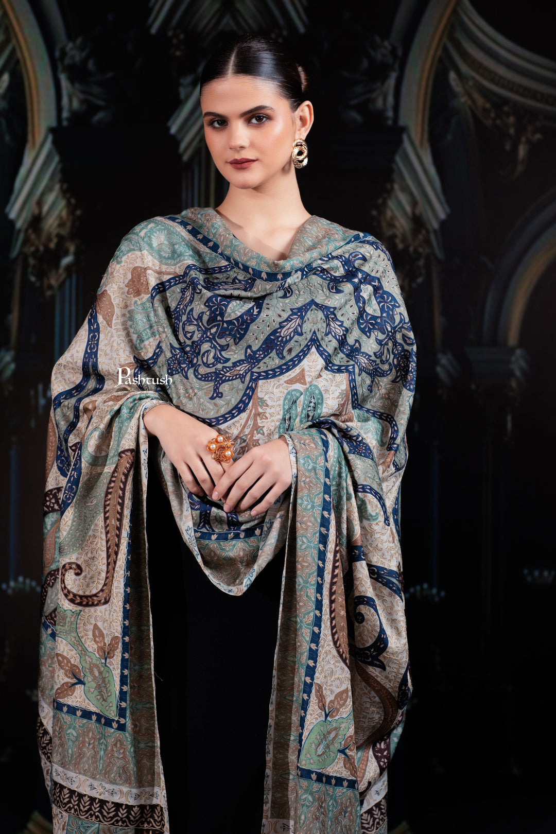 Pashtush India Womens Shawls Pashtush Womens Extra Fine Wool Shawl, Hand Embroidered Kalamkari Design, Coral Hues
