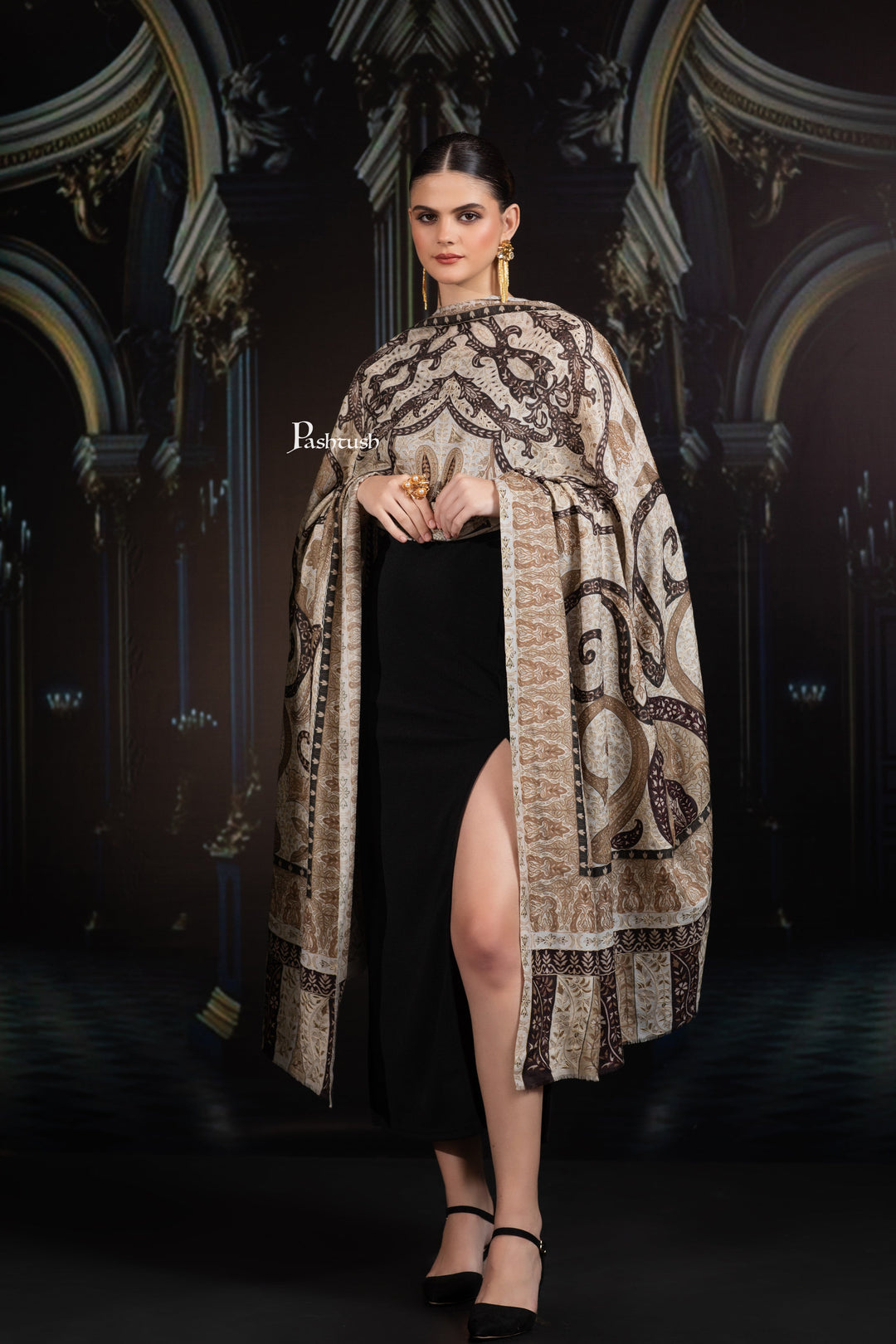 Pashtush India Womens Shawls Pashtush Womens Extra Fine Wool Shawl, Hand Embroidered Kalamkari Design, Earthy Neutrals