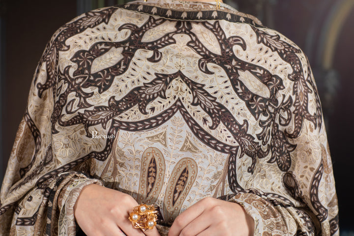 Pashtush India Womens Shawls Pashtush Womens Extra Fine Wool Shawl, Hand Embroidered Kalamkari Design, Earthy Neutrals