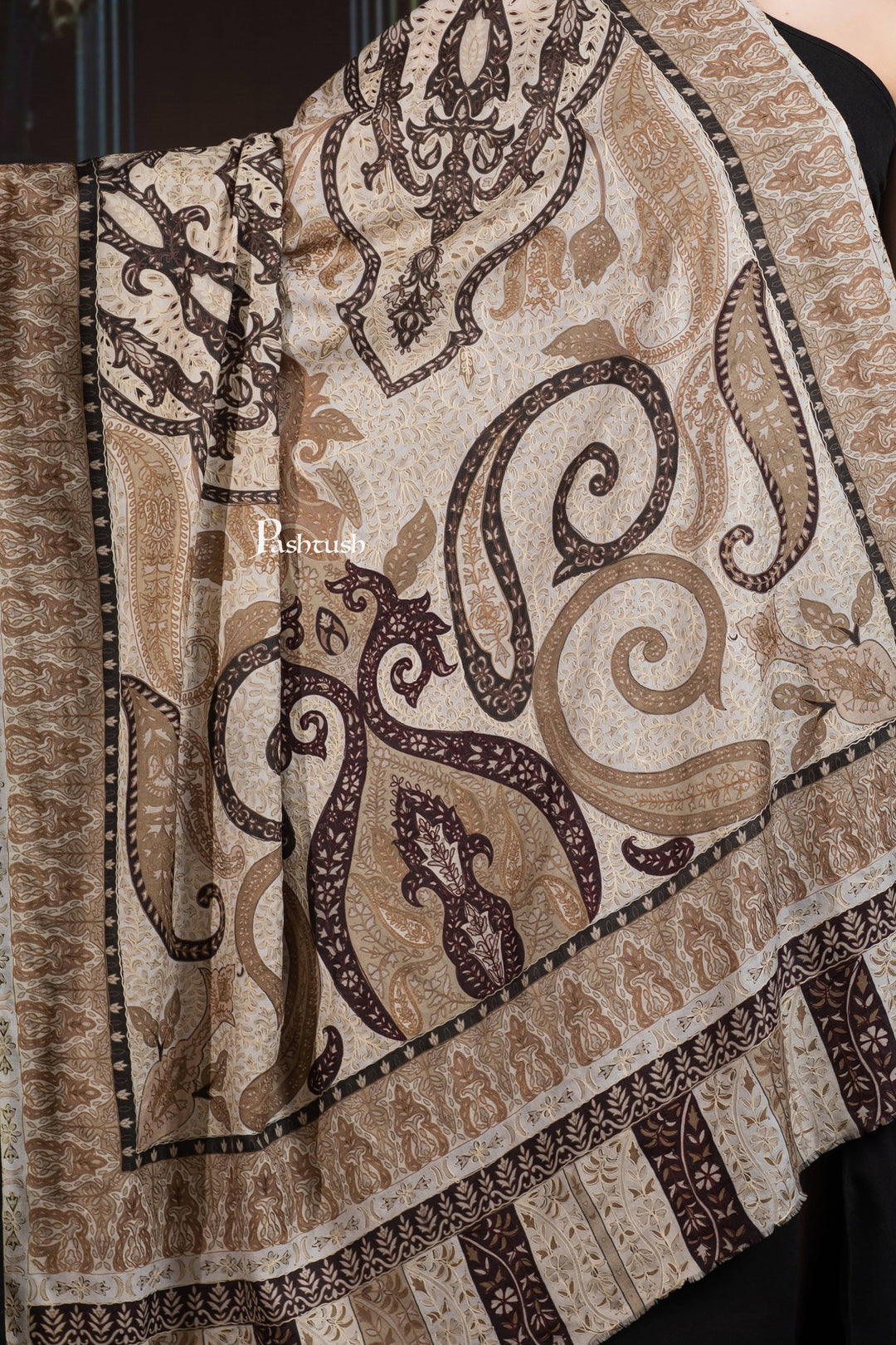 Pashtush India Womens Shawls Pashtush Womens Extra Fine Wool Shawl, Hand Embroidered Kalamkari Design, Earthy Neutrals