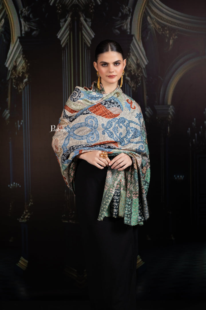 Pashtush India Womens Shawls Pashtush Womens Extra Fine Wool Shawl, Hand Embroidered Kalamkari Design, Light Pastels