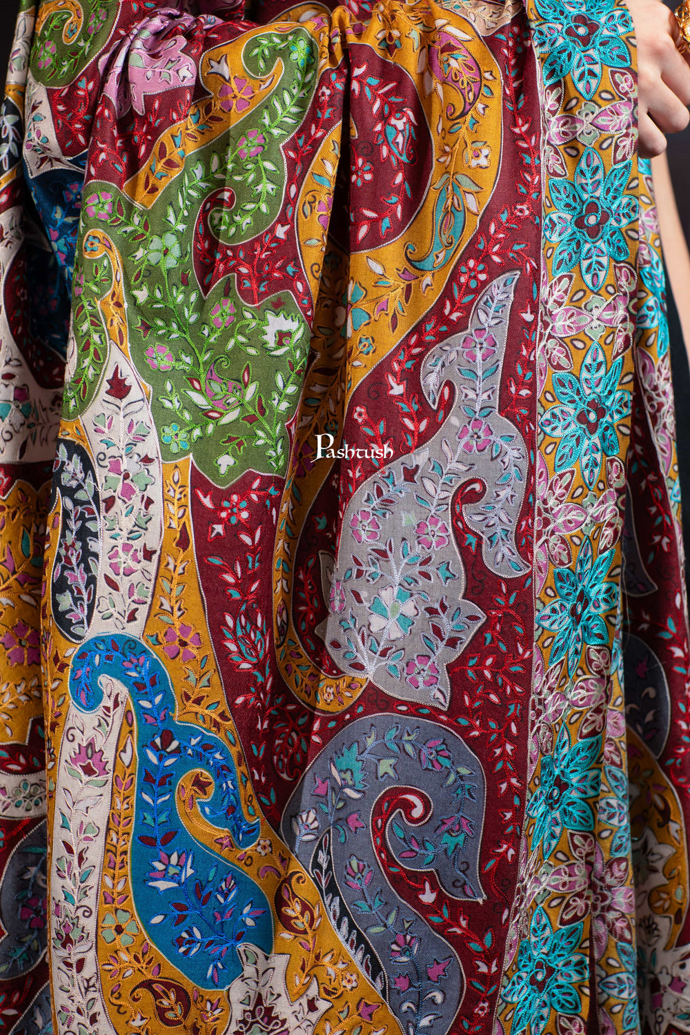 Pashtush India Womens Shawls Pashtush Womens Extra Fine Wool Shawl, Hand Embroidered Kalamkari Design, Multicolour
