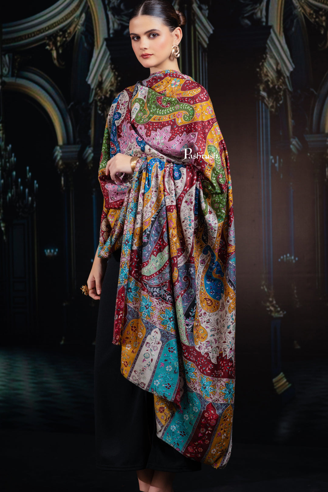 Pashtush India Womens Shawls Pashtush Womens Extra Fine Wool Shawl, Hand Embroidered Kalamkari Design, Multicolour