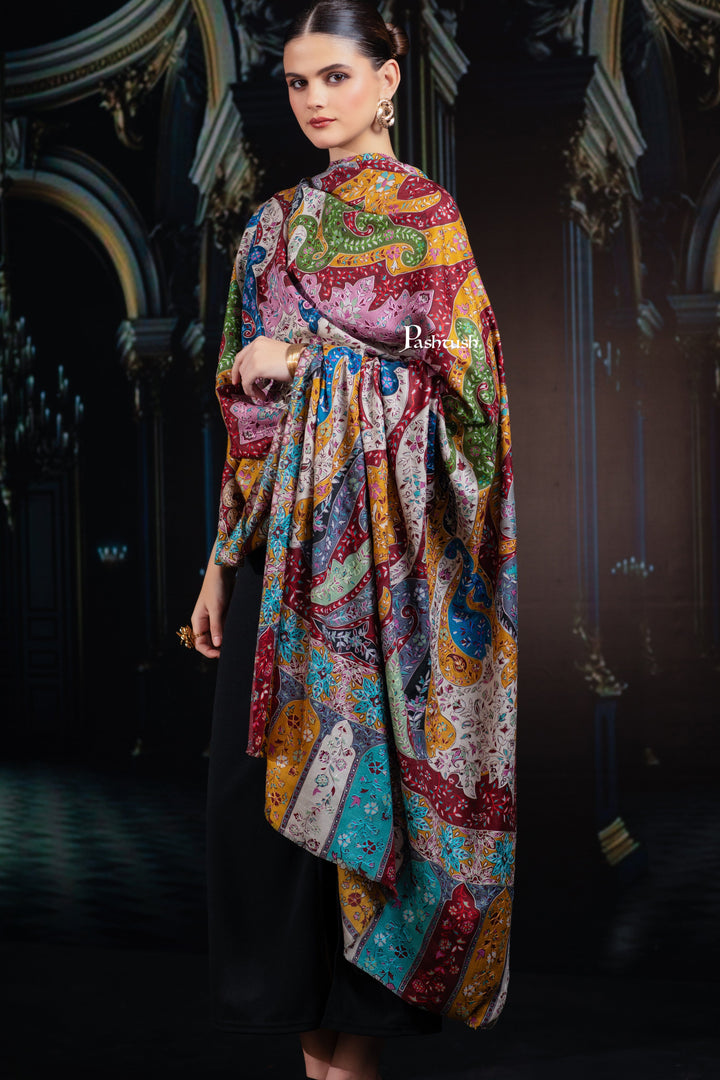 Pashtush India Womens Shawls Pashtush Womens Extra Fine Wool Shawl, Hand Embroidered Kalamkari Design, Multicolour