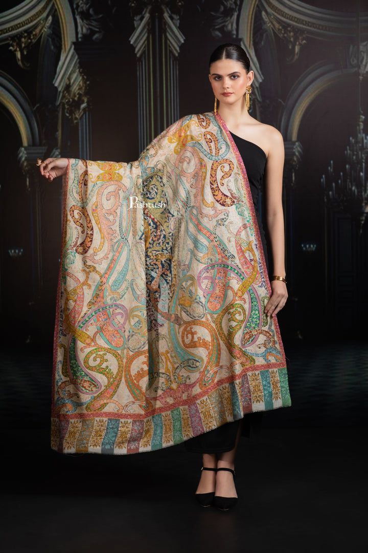 Pashtush India Womens Shawls Pashtush Womens Extra Fine Wool Shawl, Hand Embroidered Kalamkari Design, Multicolour