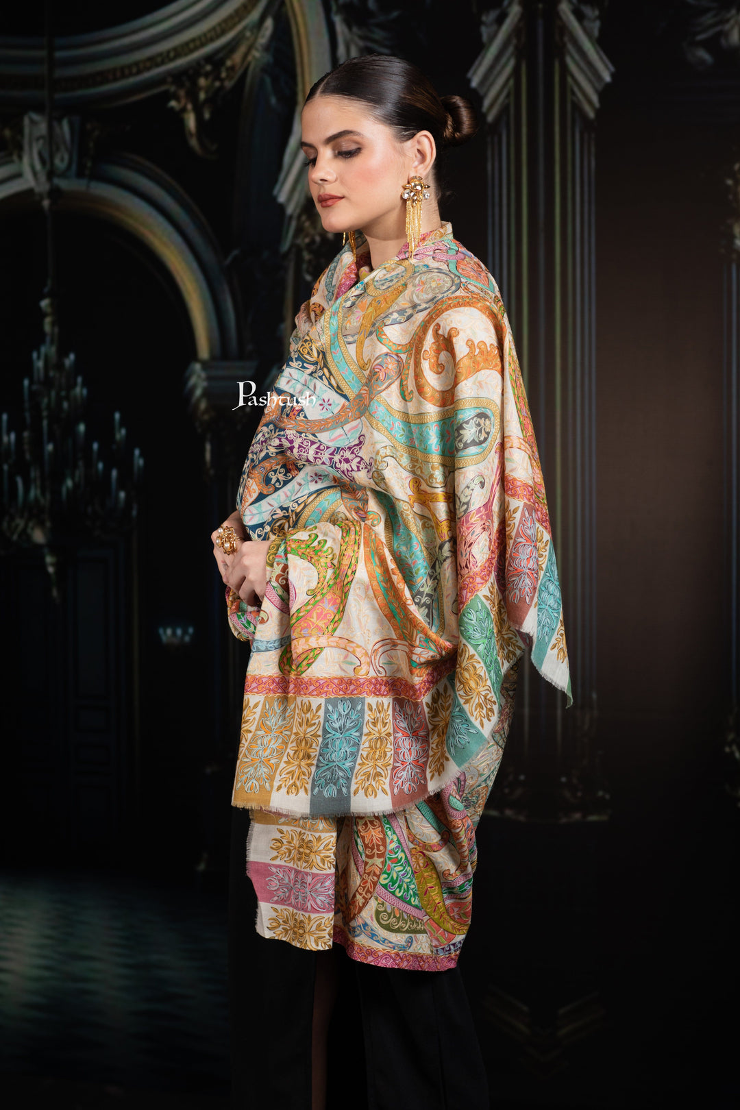 Pashtush India Womens Shawls Pashtush Womens Extra Fine Wool Shawl, Hand Embroidered Kalamkari Design, Multicolour