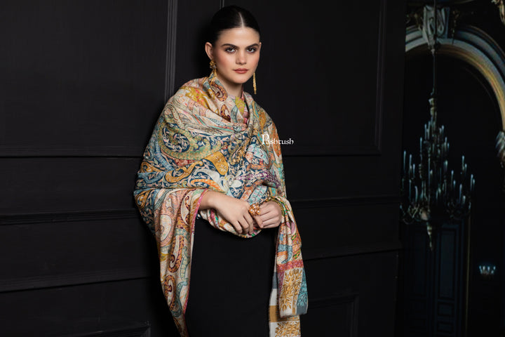Pashtush India Womens Shawls Pashtush Womens Extra Fine Wool Shawl, Hand Embroidered Kalamkari Design, Multicolour