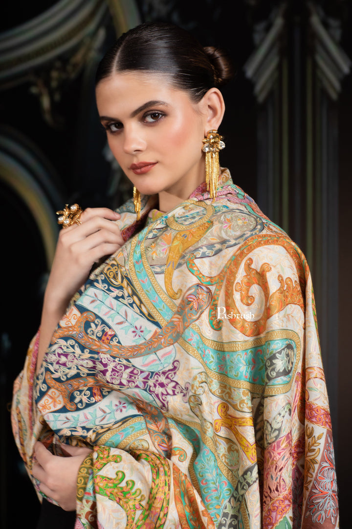 Pashtush India Womens Shawls Pashtush Womens Extra Fine Wool Shawl, Hand Embroidered Kalamkari Design, Multicolour