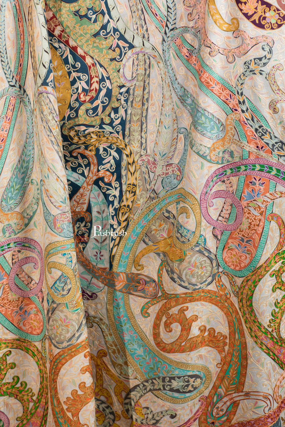 Pashtush India Womens Shawls Pashtush Womens Extra Fine Wool Shawl, Hand Embroidered Kalamkari Design, Multicolour