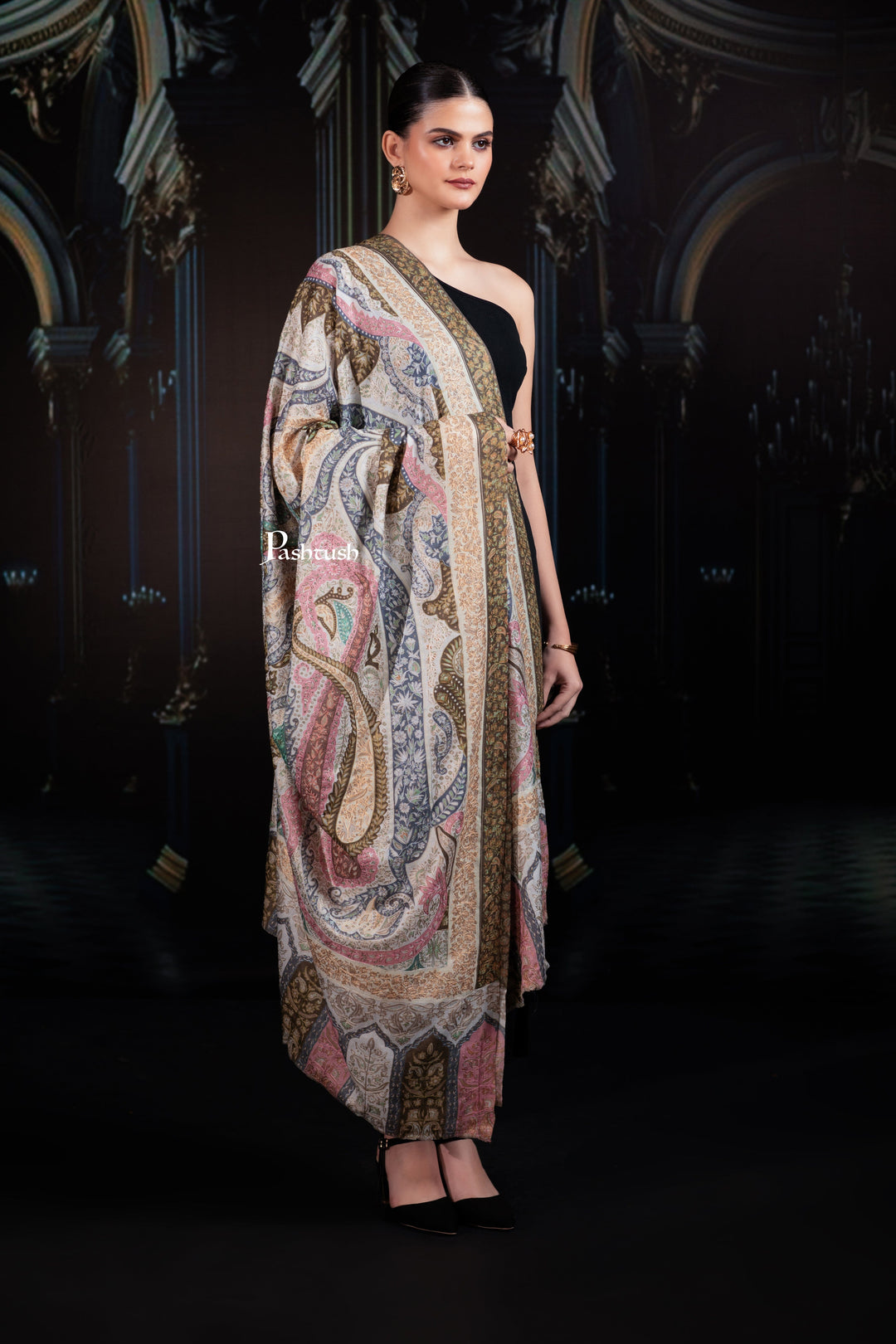 Pashtush India Womens Shawls Pashtush Womens Extra Fine Wool Shawl, Hand Embroidered Kalamkari Design, Soft Pastels