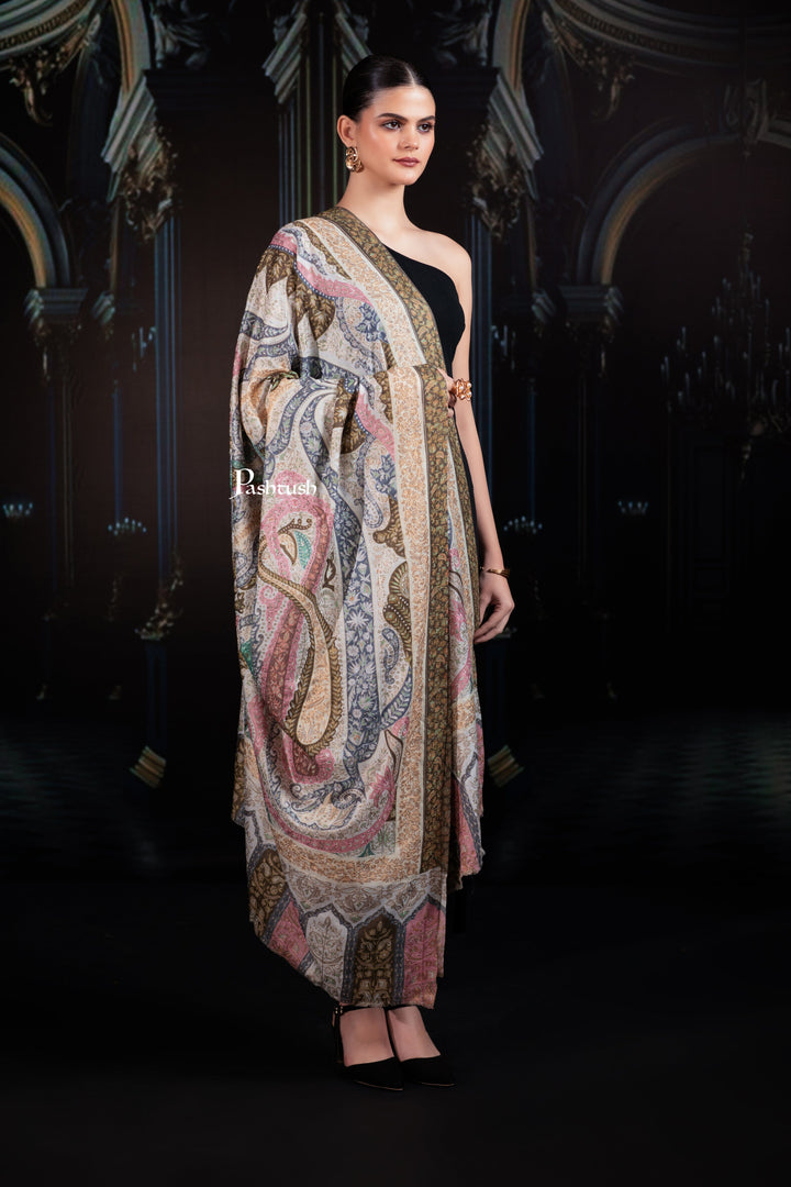 Pashtush India Womens Shawls Pashtush Womens Extra Fine Wool Shawl, Hand Embroidered Kalamkari Design, Soft Pastels