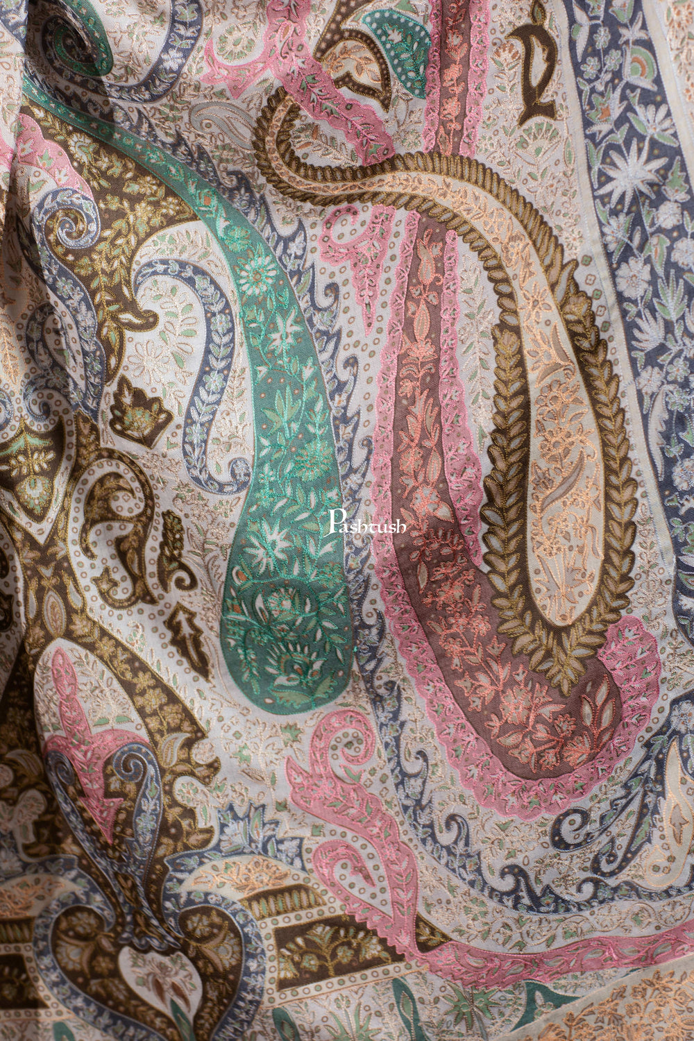 Pashtush India Womens Shawls Pashtush Womens Extra Fine Wool Shawl, Hand Embroidered Kalamkari Design, Soft Pastels