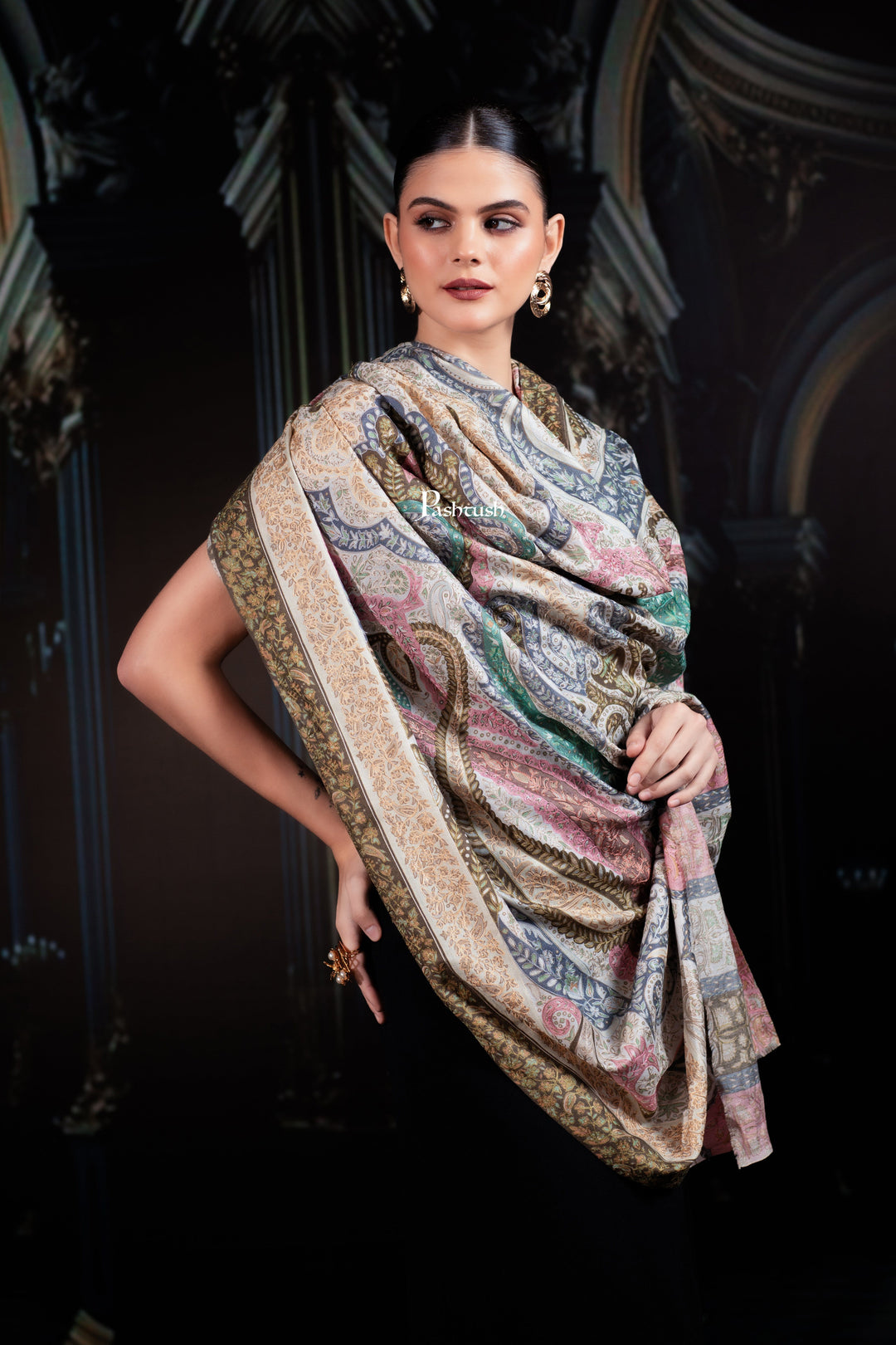 Pashtush India Womens Shawls Pashtush Womens Extra Fine Wool Shawl, Hand Embroidered Kalamkari Design, Soft Pastels