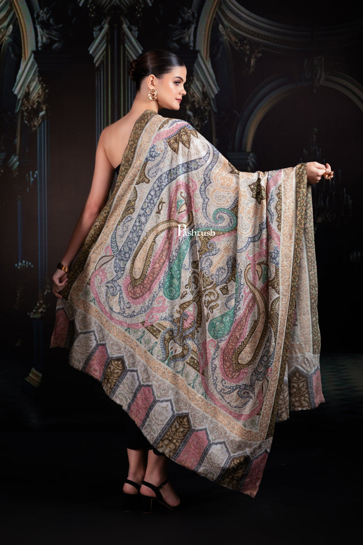 Pashtush India Womens Shawls Pashtush Womens Extra Fine Wool Shawl, Hand Embroidered Kalamkari Design, Soft Pastels