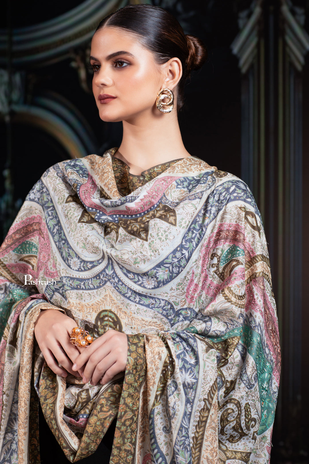 Pashtush India Womens Shawls Pashtush Womens Extra Fine Wool Shawl, Hand Embroidered Kalamkari Design, Soft Pastels