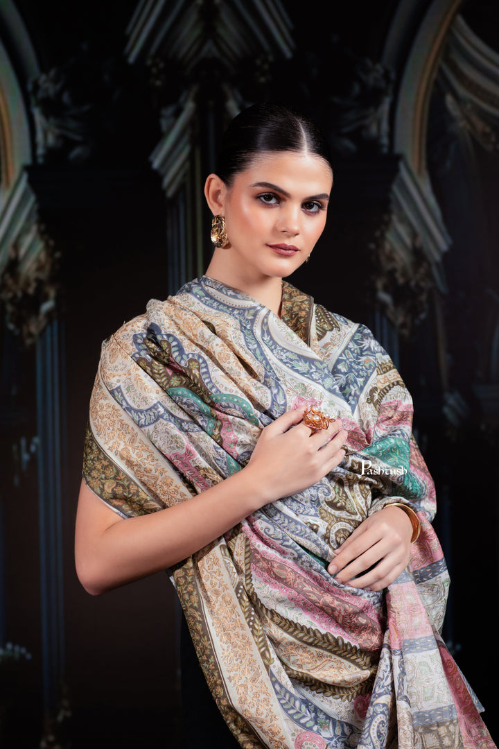 Pashtush India Womens Shawls Pashtush Womens Extra Fine Wool Shawl, Hand Embroidered Kalamkari Design, Soft Pastels