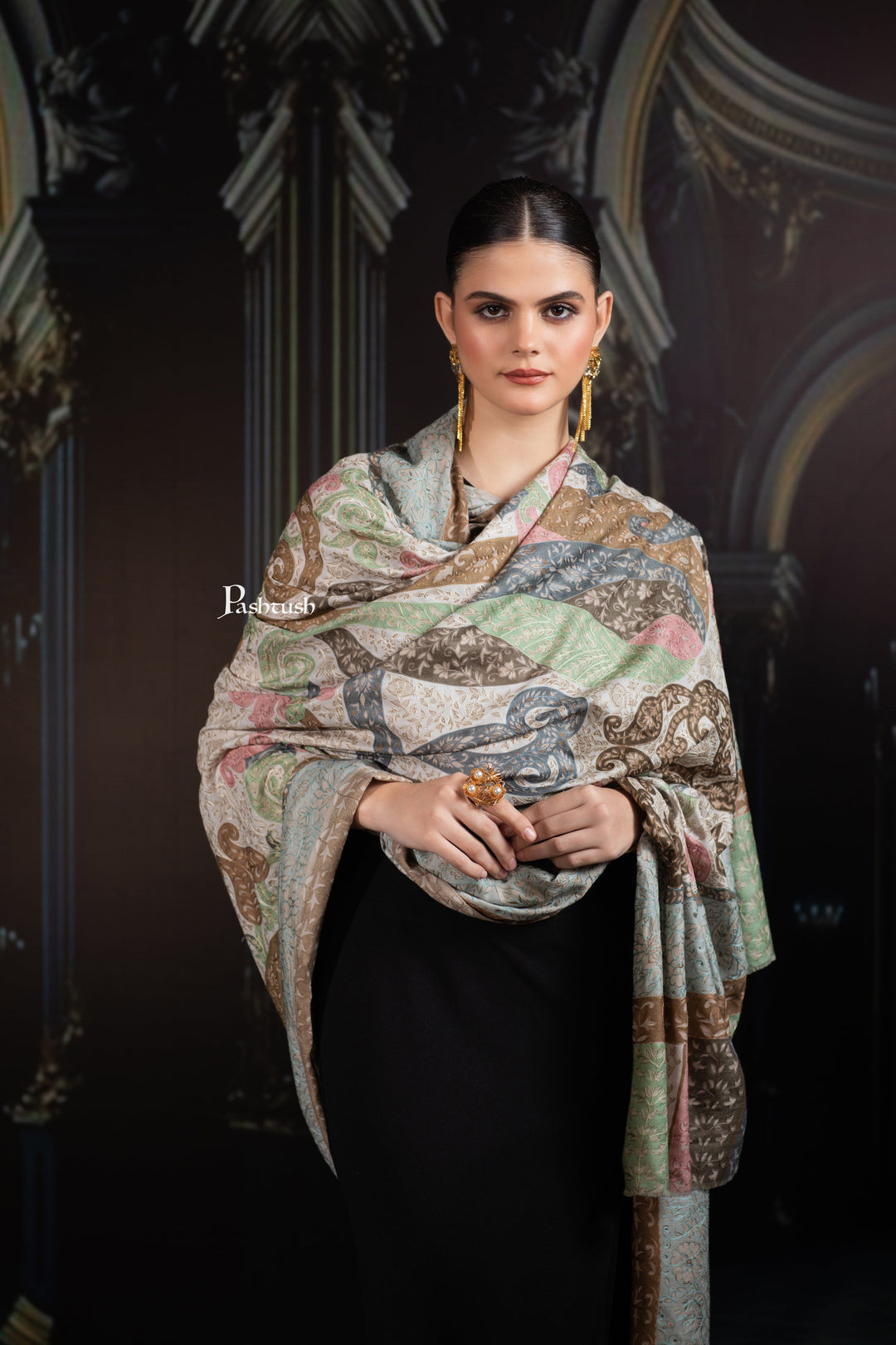 Pashtush India Womens Shawls Pashtush Womens Extra Fine Wool Shawl, Hand Embroidered Kalamkari Design, Soft Pastels