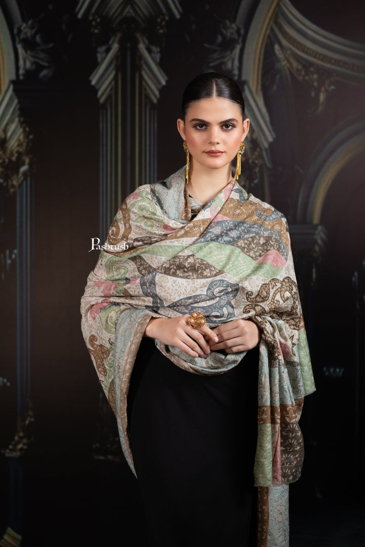 Pashtush India Womens Shawls Pashtush Womens Extra Fine Wool Shawl, Hand Embroidered Kalamkari Design, Soft Pastels