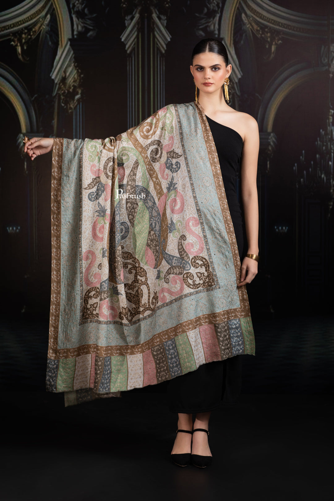 Pashtush India Womens Shawls Pashtush Womens Extra Fine Wool Shawl, Hand Embroidered Kalamkari Design, Soft Pastels
