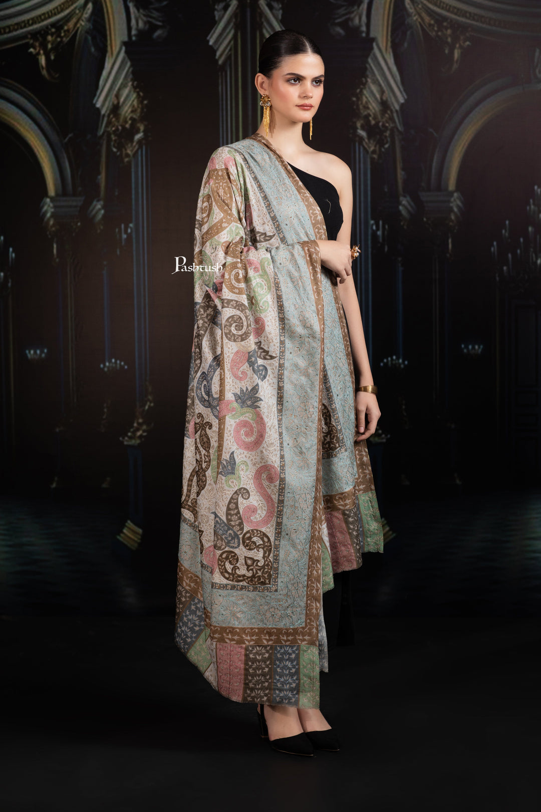 Pashtush India Womens Shawls Pashtush Womens Extra Fine Wool Shawl, Hand Embroidered Kalamkari Design, Soft Pastels