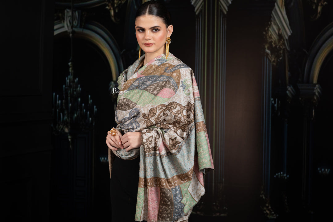 Pashtush India Womens Shawls Pashtush Womens Extra Fine Wool Shawl, Hand Embroidered Kalamkari Design, Soft Pastels