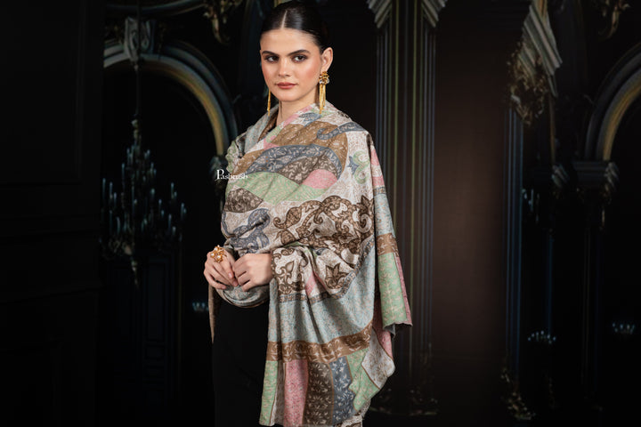 Pashtush India Womens Shawls Pashtush Womens Extra Fine Wool Shawl, Hand Embroidered Kalamkari Design, Soft Pastels