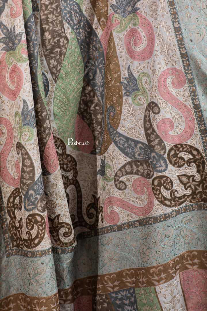 Pashtush India Womens Shawls Pashtush Womens Extra Fine Wool Shawl, Hand Embroidered Kalamkari Design, Soft Pastels