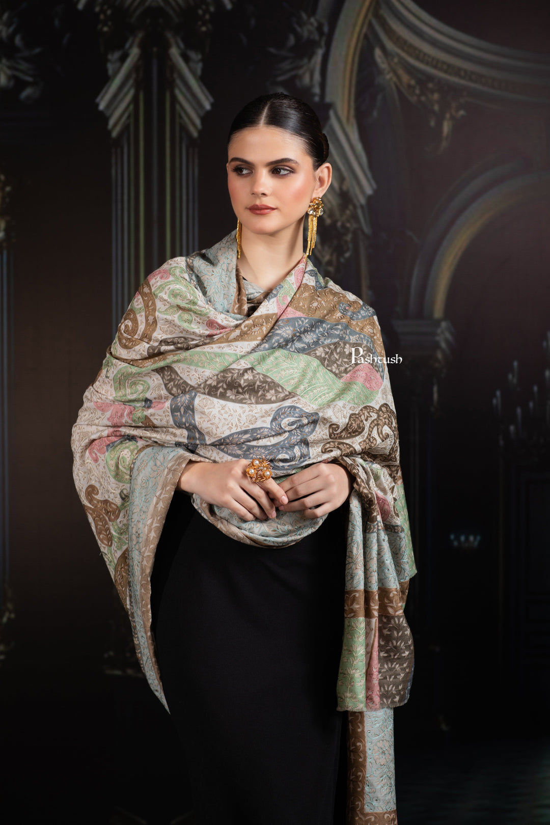 Pashtush India Womens Shawls Pashtush Womens Extra Fine Wool Shawl, Hand Embroidered Kalamkari Design, Soft Pastels