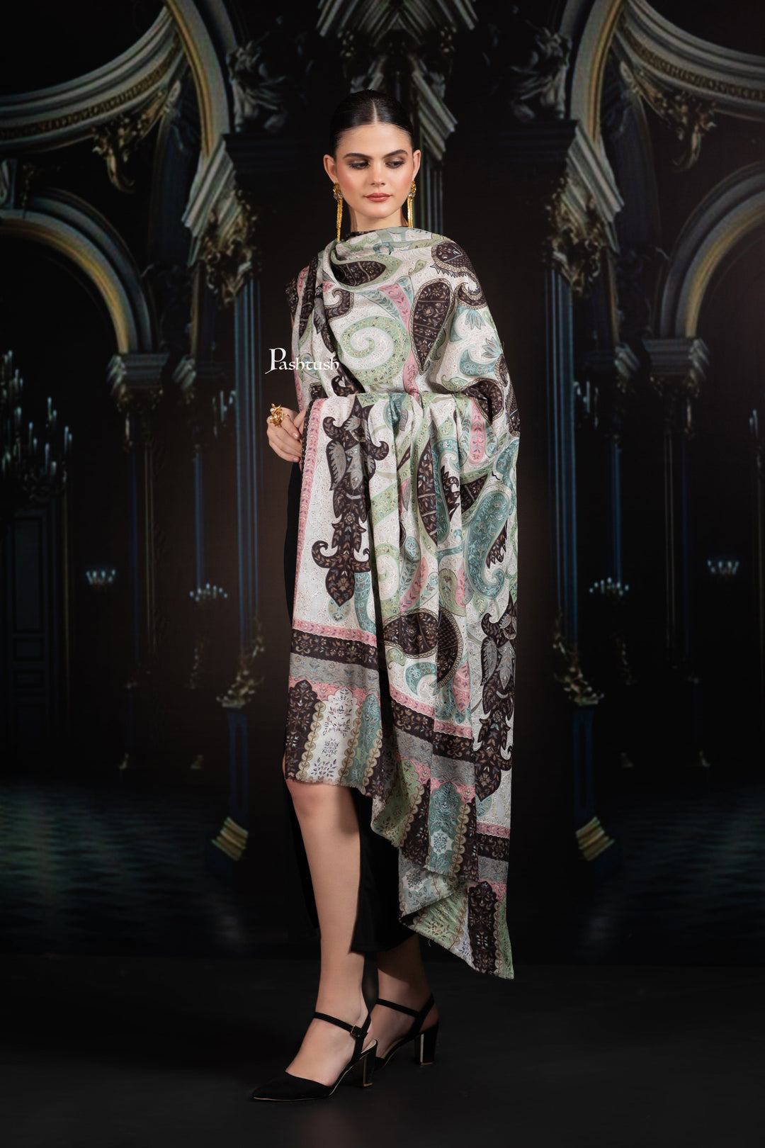 Pashtush India Womens Shawls Pashtush Womens Extra Fine Wool Shawl, Hand Embroidered Kalamkari Design, Sombre