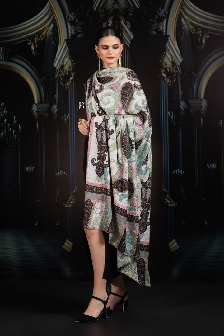 Pashtush India Womens Shawls Pashtush Womens Extra Fine Wool Shawl, Hand Embroidered Kalamkari Design, Sombre