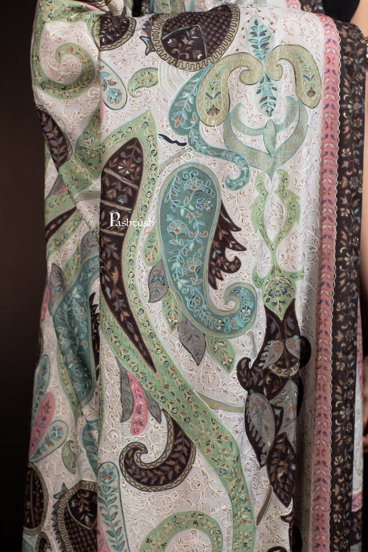 Pashtush India Womens Shawls Pashtush Womens Extra Fine Wool Shawl, Hand Embroidered Kalamkari Design, Sombre