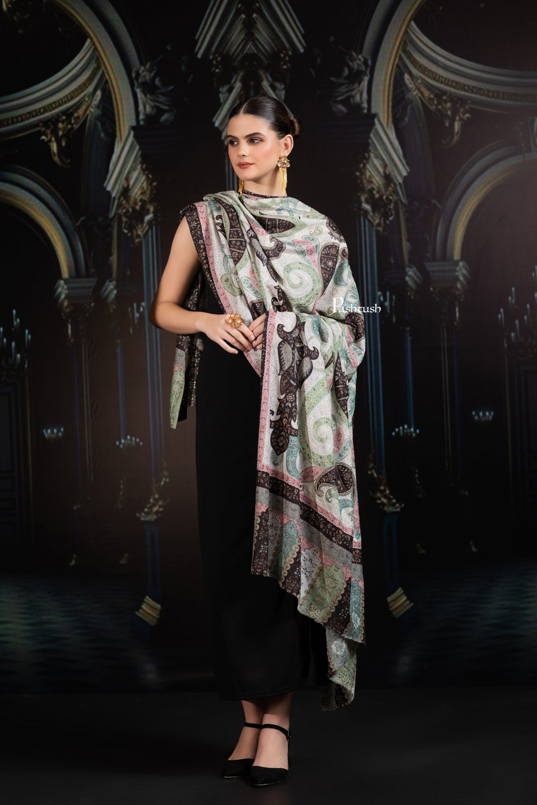 Pashtush India Womens Shawls Pashtush Womens Extra Fine Wool Shawl, Hand Embroidered Kalamkari Design, Sombre