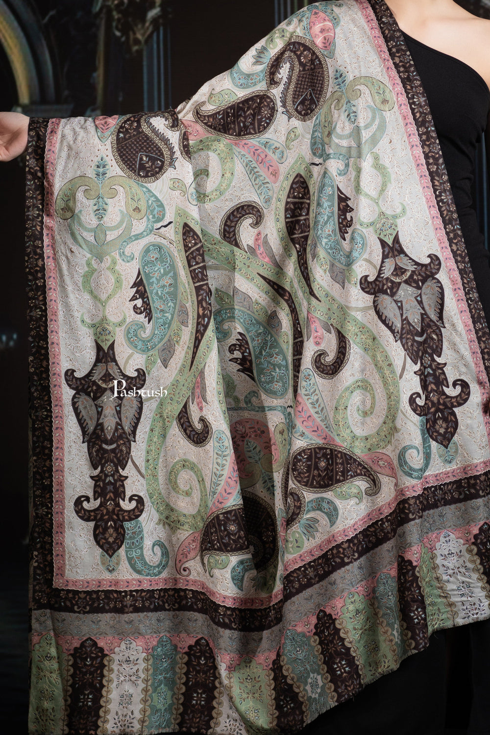 Pashtush India Womens Shawls Pashtush Womens Extra Fine Wool Shawl, Hand Embroidered Kalamkari Design, Sombre