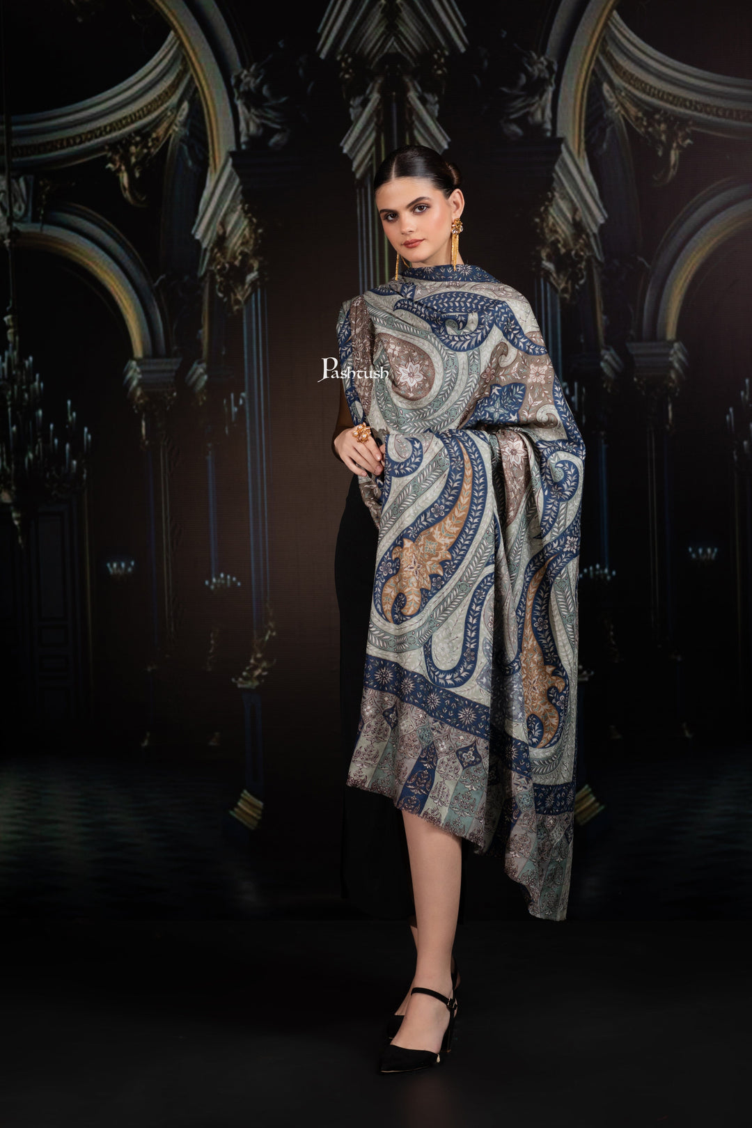 Pashtush India Womens Shawls Pashtush Womens Extra Fine Wool Shawl, Hand Embroidered Kalamkari Design, Teal Grace