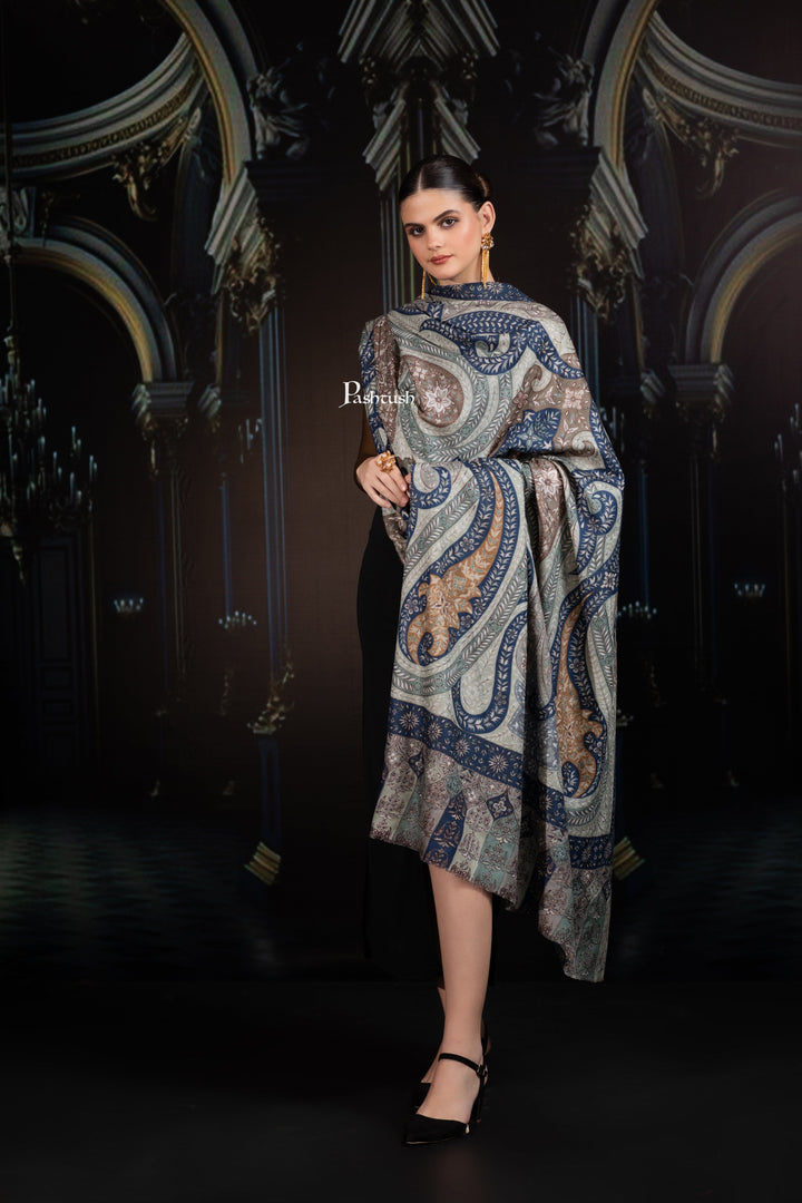 Pashtush India Womens Shawls Pashtush Womens Extra Fine Wool Shawl, Hand Embroidered Kalamkari Design, Teal Grace