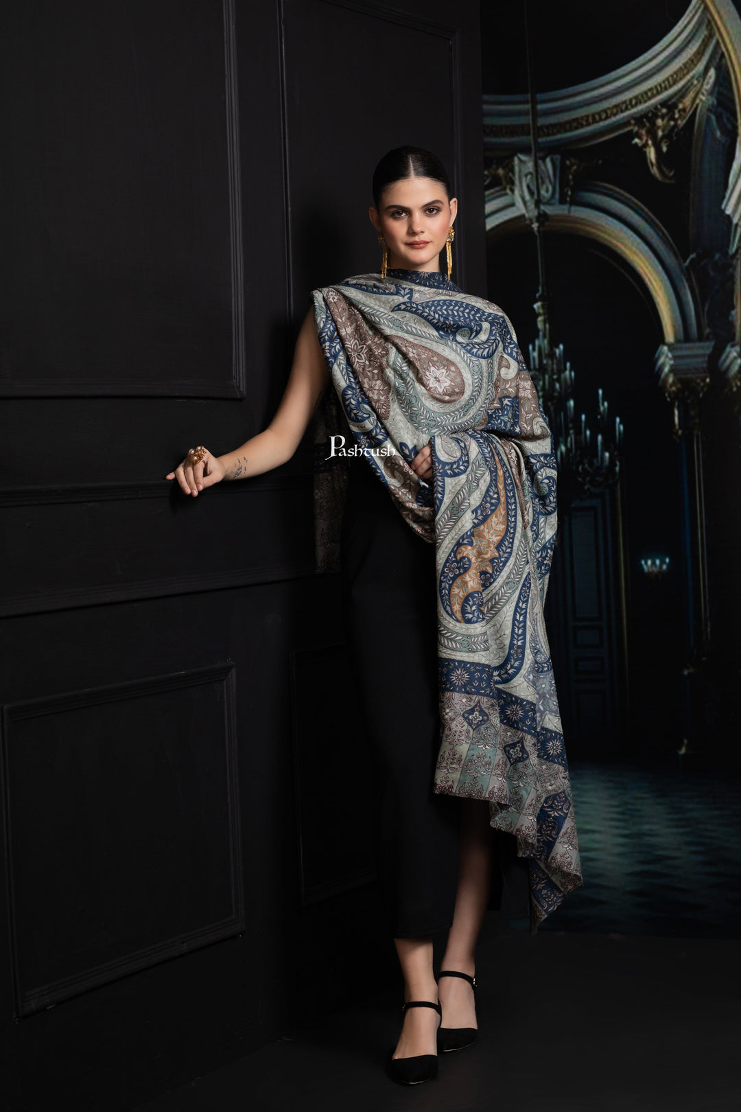 Pashtush India Womens Shawls Pashtush Womens Extra Fine Wool Shawl, Hand Embroidered Kalamkari Design, Teal Grace