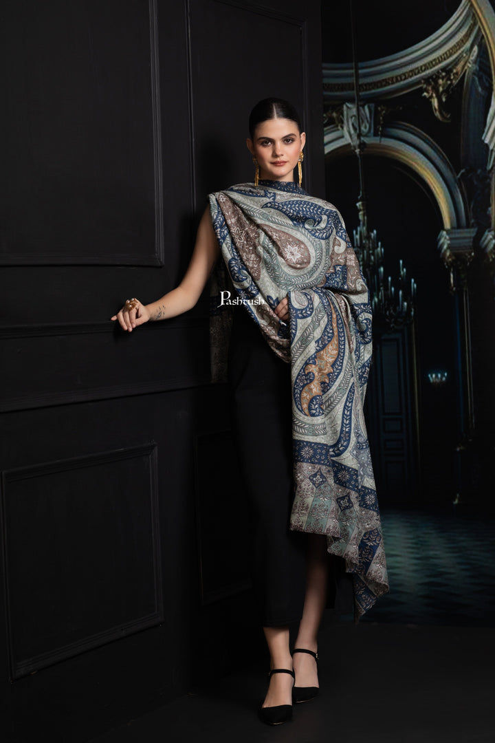 Pashtush India Womens Shawls Pashtush Womens Extra Fine Wool Shawl, Hand Embroidered Kalamkari Design, Teal Grace