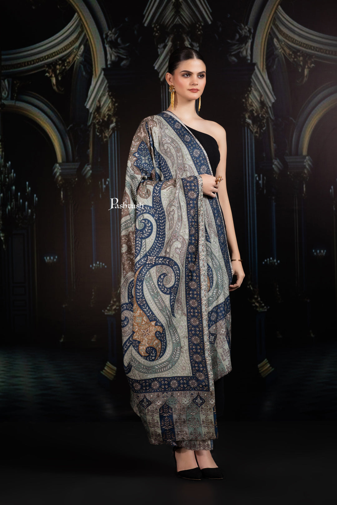 Pashtush India Womens Shawls Pashtush Womens Extra Fine Wool Shawl, Hand Embroidered Kalamkari Design, Teal Grace