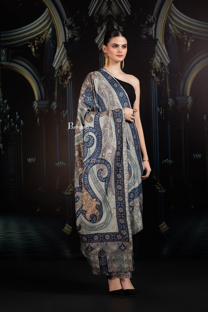 Pashtush India Womens Shawls Pashtush Womens Extra Fine Wool Shawl, Hand Embroidered Kalamkari Design, Teal Grace