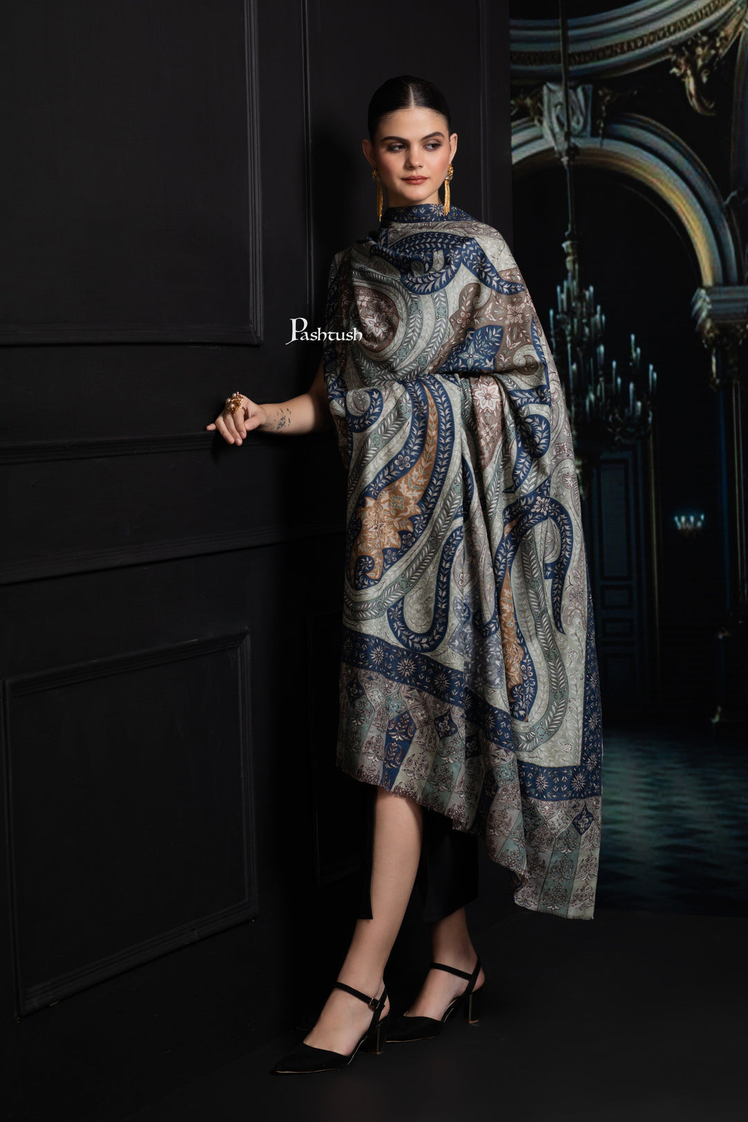 Pashtush India Womens Shawls Pashtush Womens Extra Fine Wool Shawl, Hand Embroidered Kalamkari Design, Teal Grace