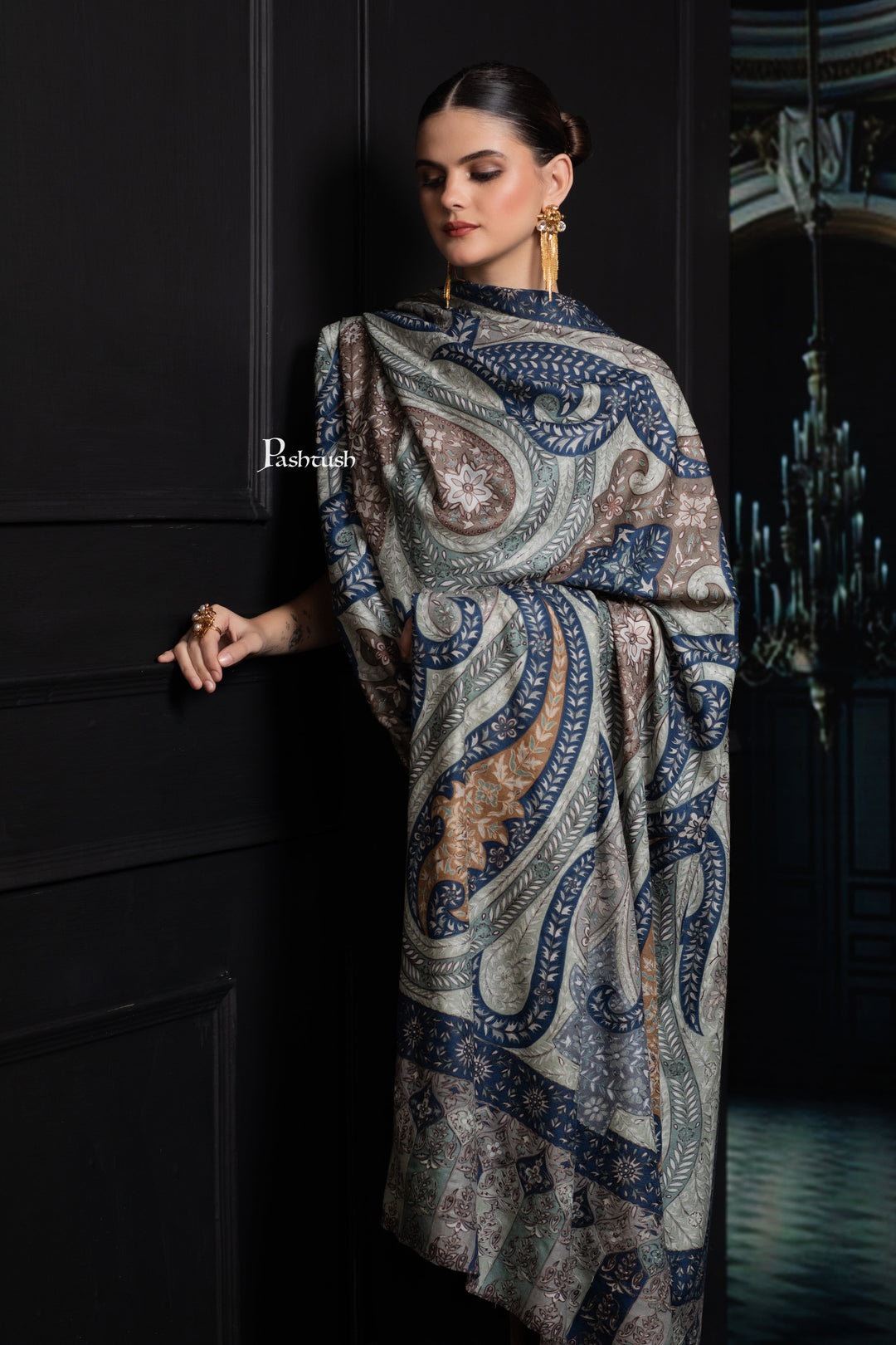 Pashtush India Womens Shawls Pashtush Womens Extra Fine Wool Shawl, Hand Embroidered Kalamkari Design, Teal Grace