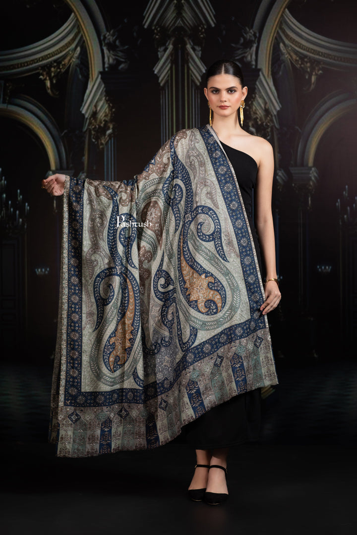Pashtush India Womens Shawls Pashtush Womens Extra Fine Wool Shawl, Hand Embroidered Kalamkari Design, Teal Grace