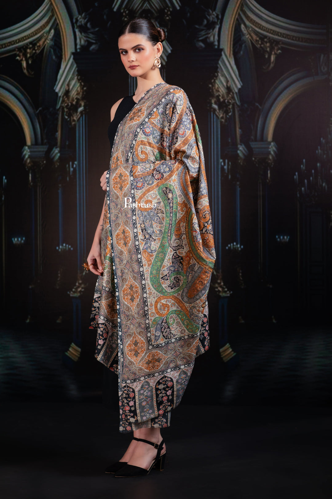 Pashtush India Womens Shawls Pashtush Womens Extra Fine Wool Shawl, Hand Embroidered Kalamkari, Pastel Hues