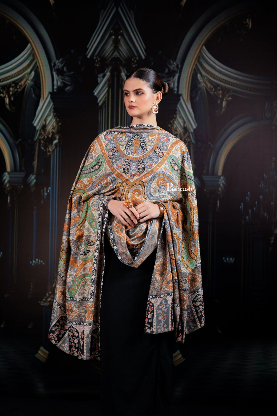 Pashtush India Womens Shawls Pashtush Womens Extra Fine Wool Shawl, Hand Embroidered Kalamkari, Pastel Hues