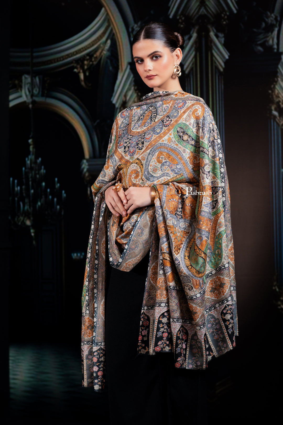 Pashtush India Womens Shawls Pashtush Womens Extra Fine Wool Shawl, Hand Embroidered Kalamkari, Pastel Hues