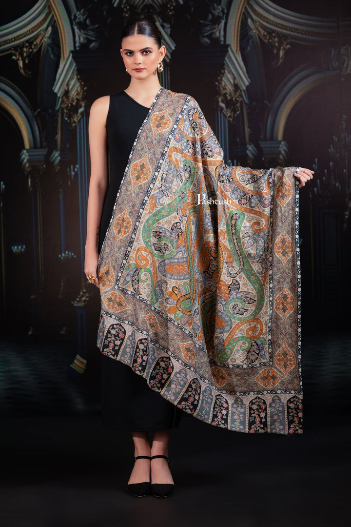 Pashtush India Womens Shawls Pashtush Womens Extra Fine Wool Shawl, Hand Embroidered Kalamkari, Pastel Hues
