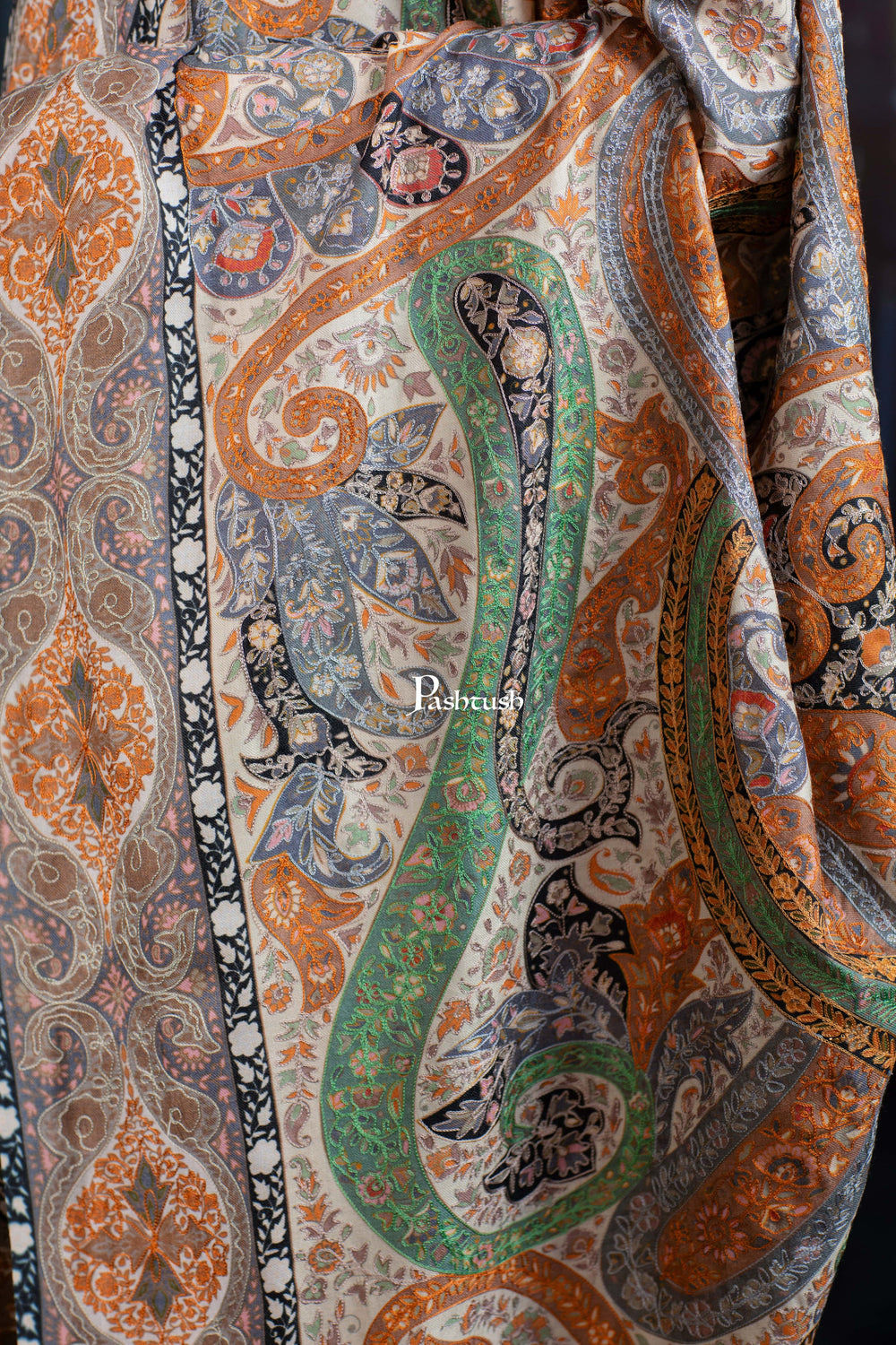 Pashtush India Womens Shawls Pashtush Womens Extra Fine Wool Shawl, Hand Embroidered Kalamkari, Pastel Hues