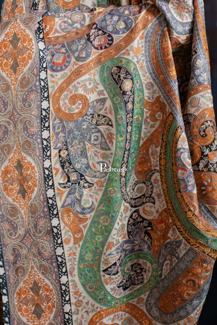 Pashtush India Womens Shawls Pashtush Womens Extra Fine Wool Shawl, Hand Embroidered Kalamkari, Pastel Hues