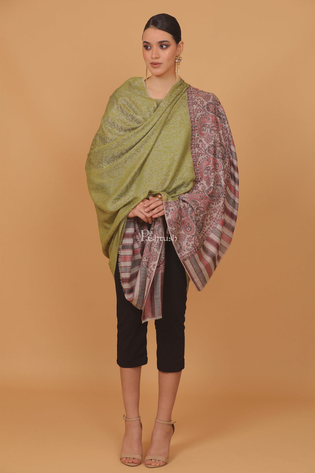 Pashtush India Womens Stoles and Scarves Scarf Pashtush womens Extra Fine Wool shawl, JACQUARD PALLA design, Green