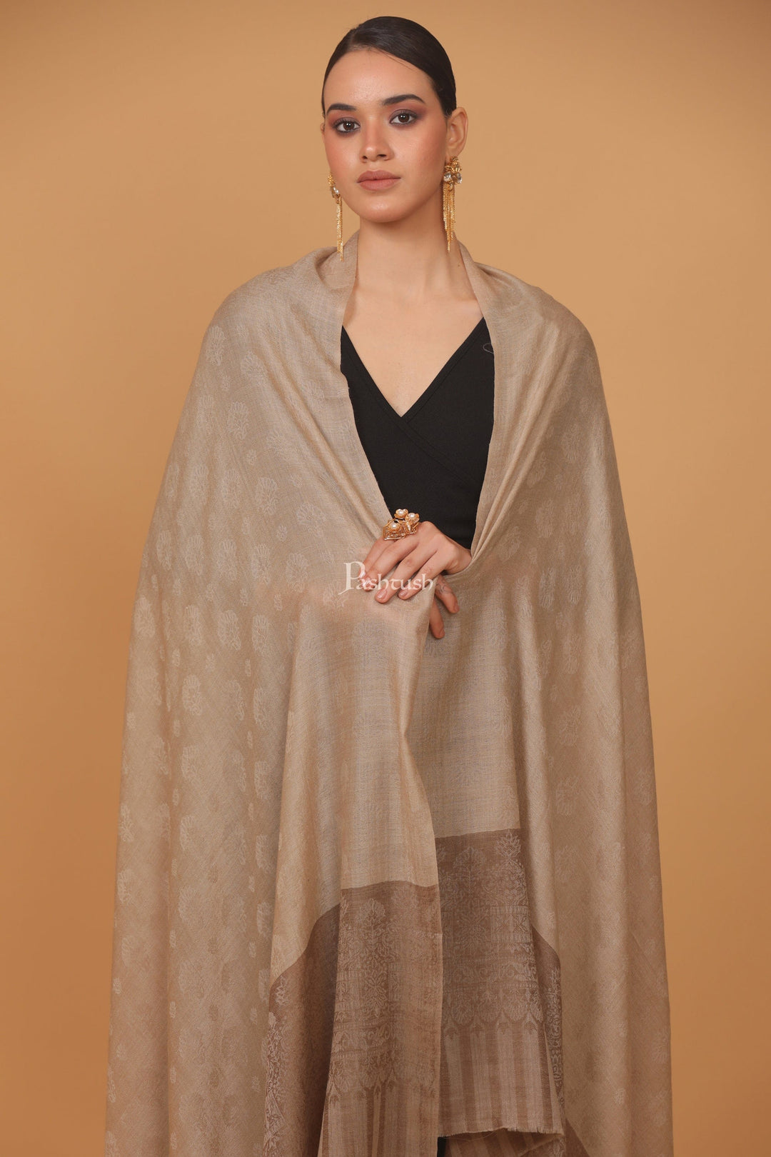 Pashtush India Womens Stoles and Scarves Scarf Pashtush womens Extra Fine Wool shawl, JACQUARD PALLA design, Taupe